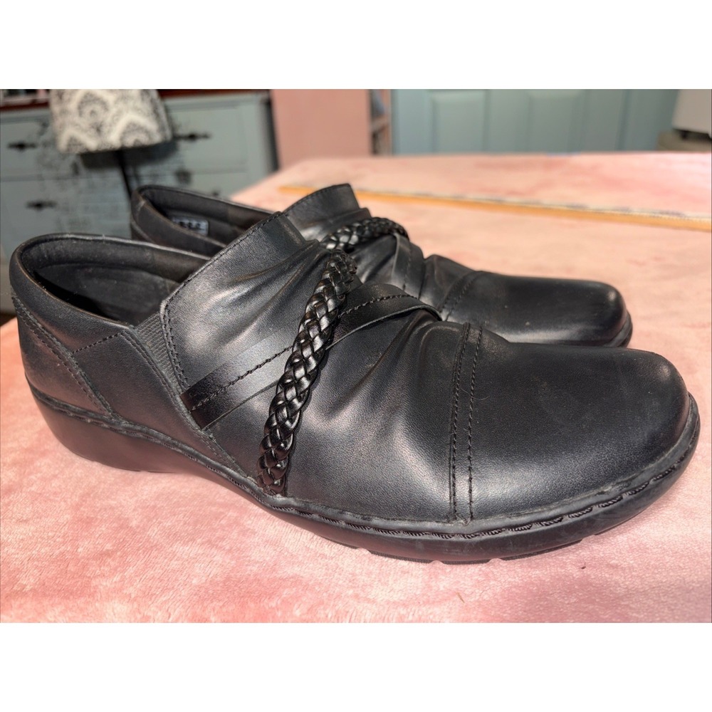 Clarks Cora Braid Black Leather Loafer Womens 11 M Comfort Walking Shoes Shootie